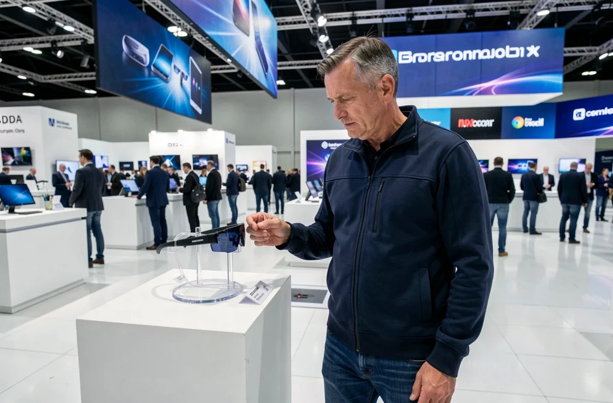 Homme examinant des lunettes de réalité augmentée lors d'un salon de la technologie en 2024