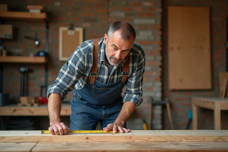 Homme mesurant une planche en bois dans un atelier organisé