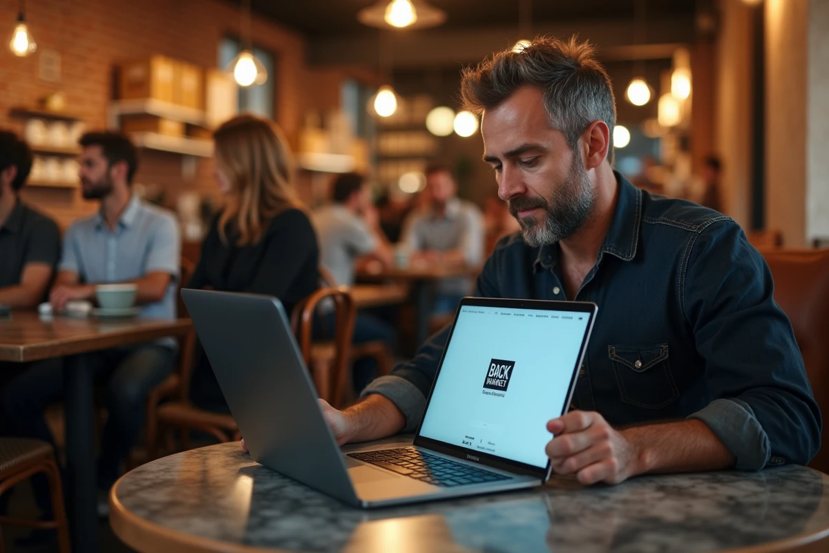 Homme consultant le site Back Market sur un ordinateur reconditionné dans un café urbain pendant le Black Friday