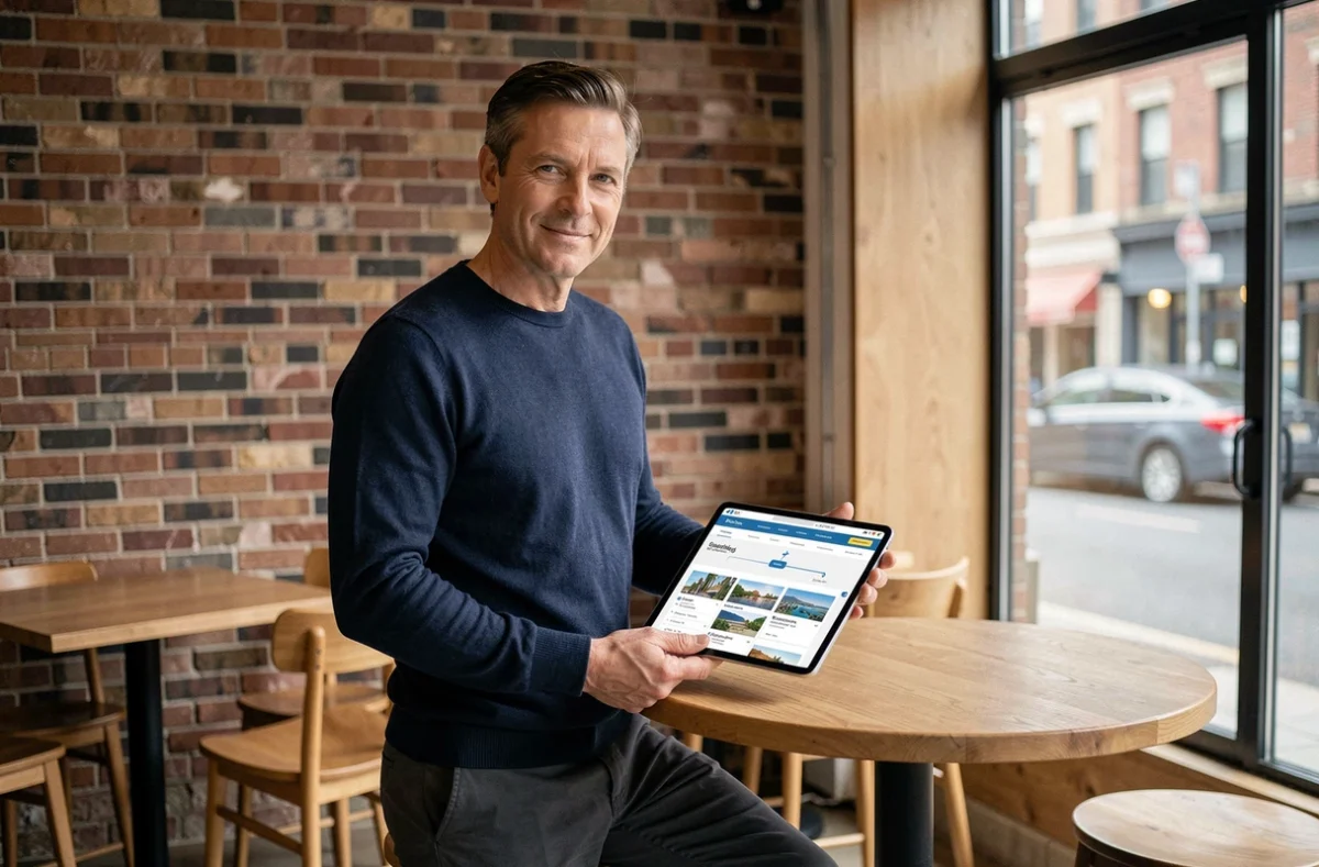 Homme consultant le plan de site d'un site de voyage sur une tablette dans un café moderne