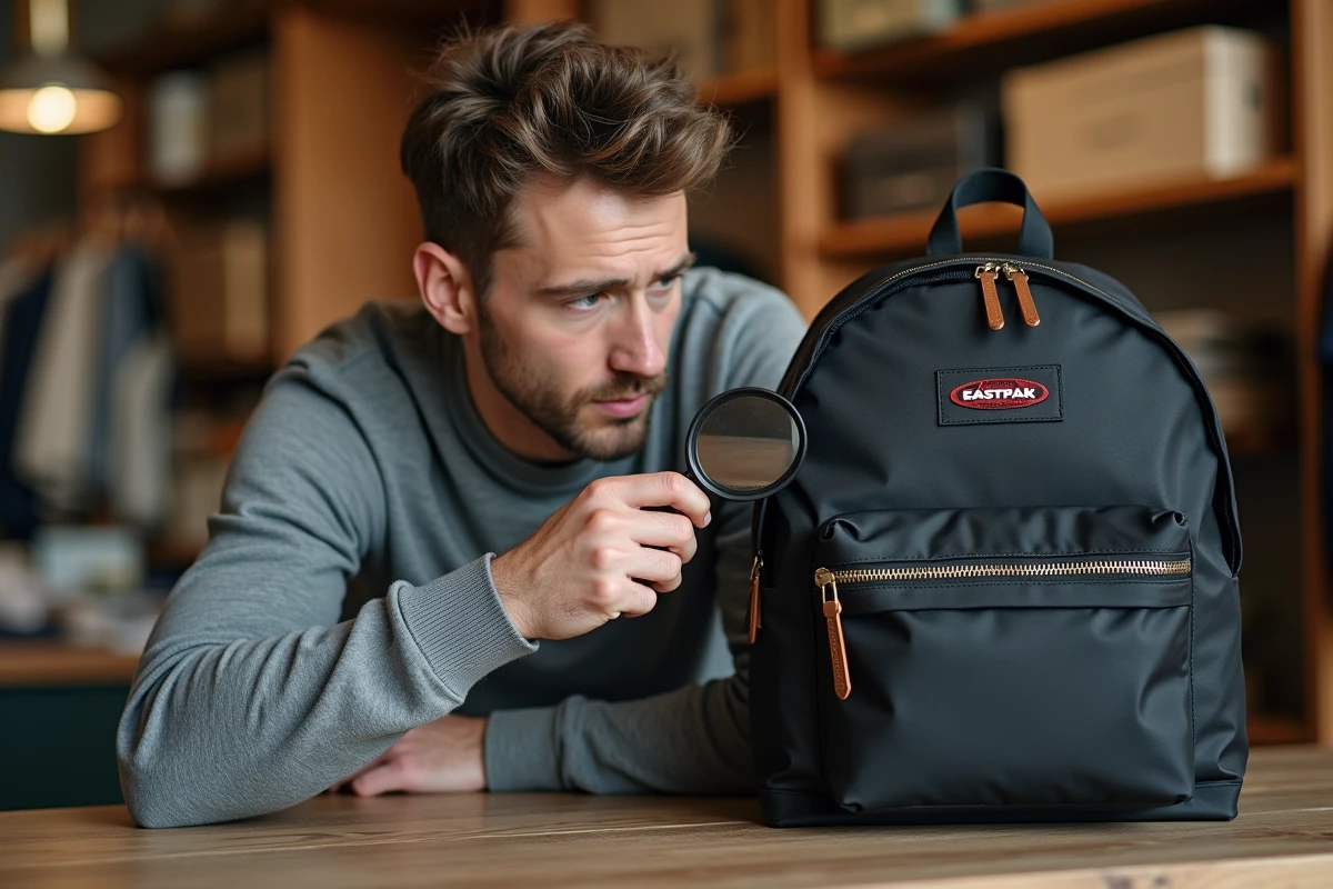 Homme utilisant une loupe pour examiner la quincaillerie et la fermeture éclair d'un sac Eastpak d'occasion