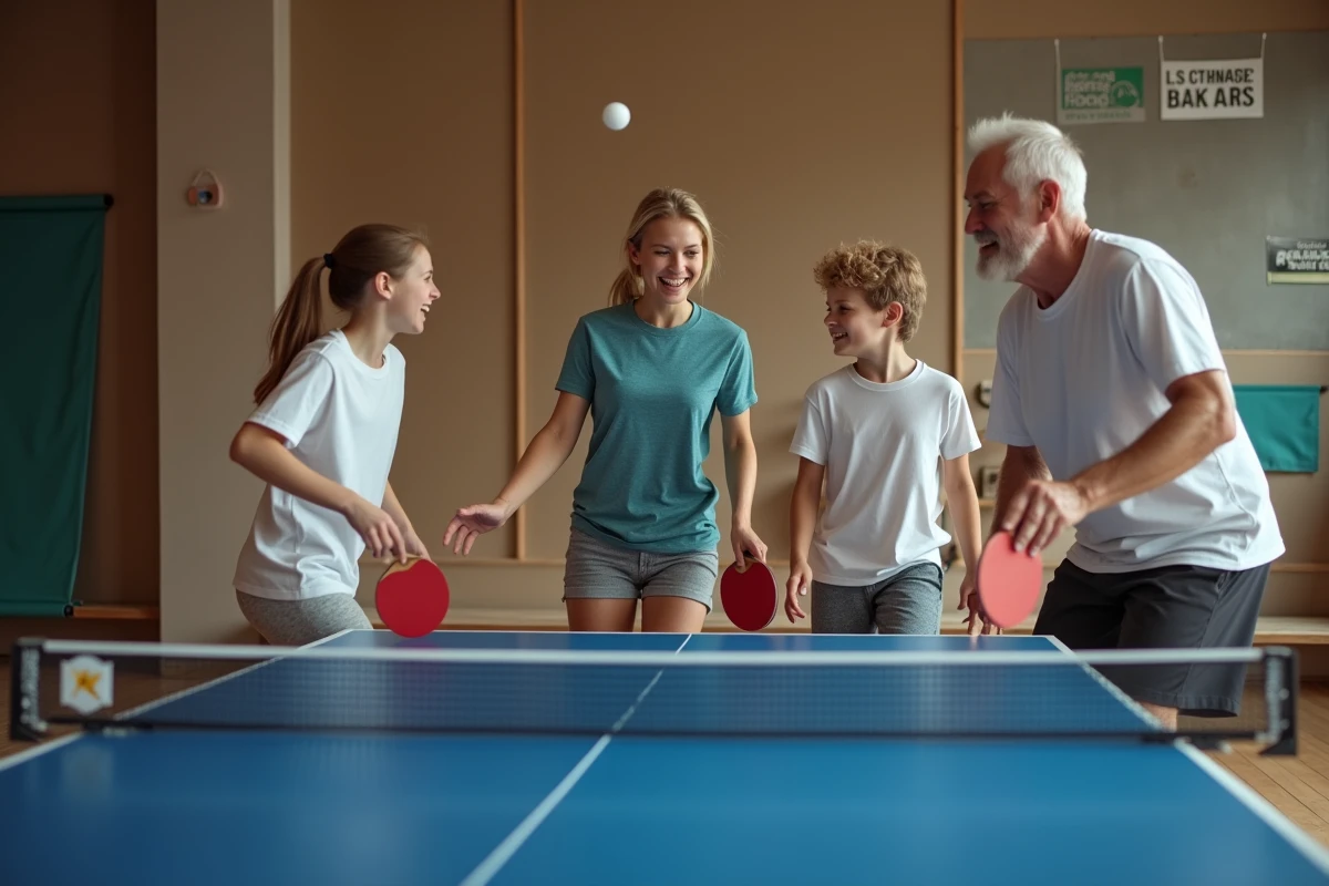 Trois générations jouent au tennis de table en intérieur