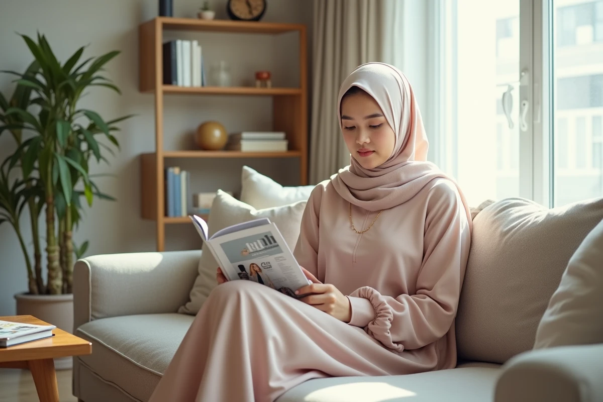 Jeune femme en tenue modeste dans un salon lumineux