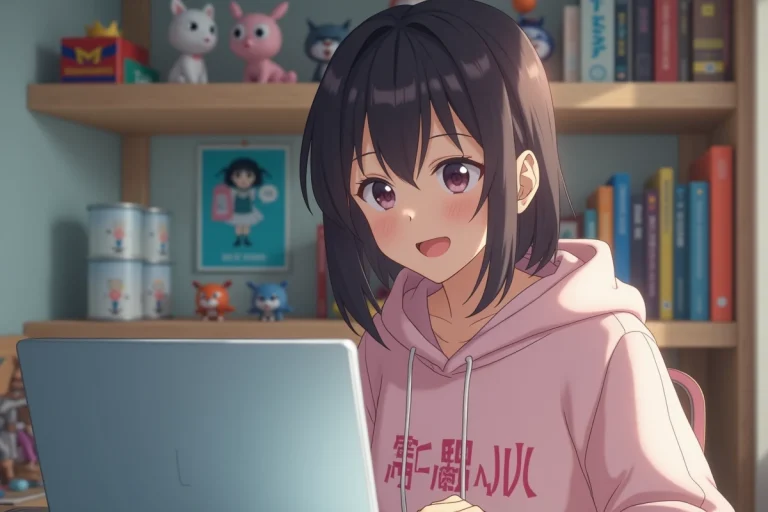 Jeune femme souriante regardant un site d'anime sur son ordinateur
