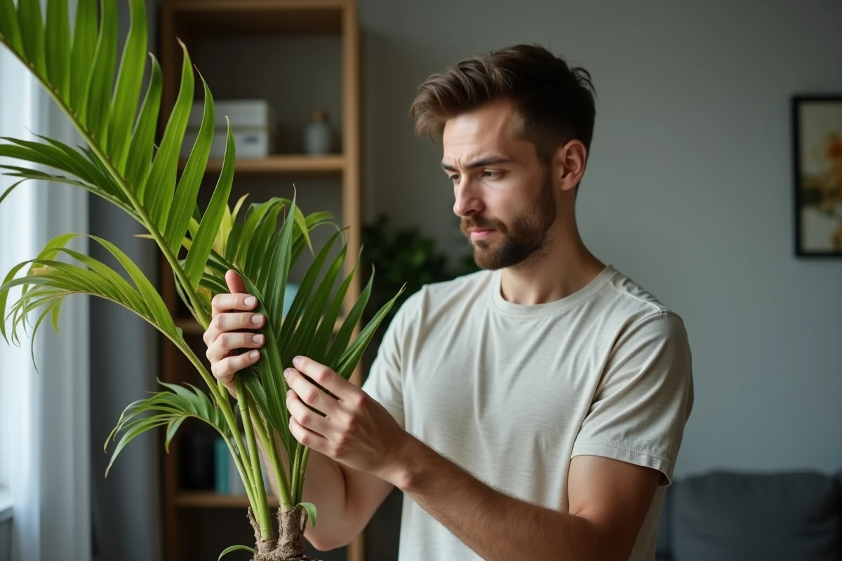 Jeune homme inspecte un palmier en intérieur
