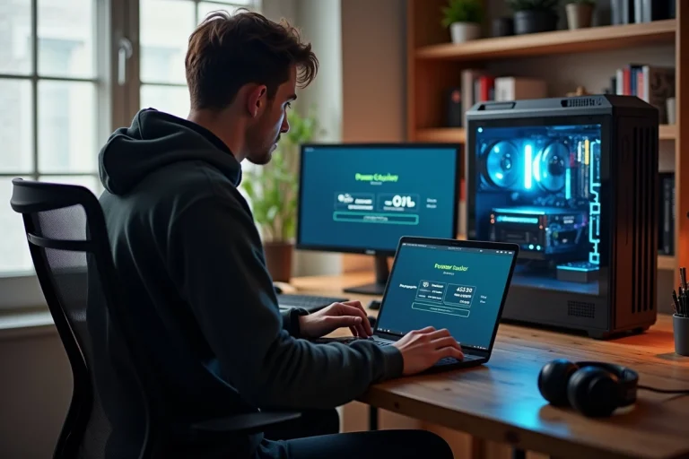 Jeune homme utilisant un calculateur en ligne dans un bureau moderne