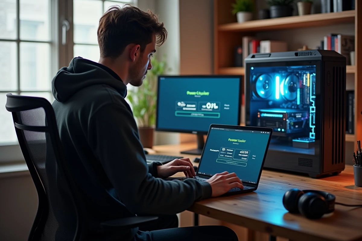 Jeune homme utilisant un calculateur en ligne dans un bureau moderne