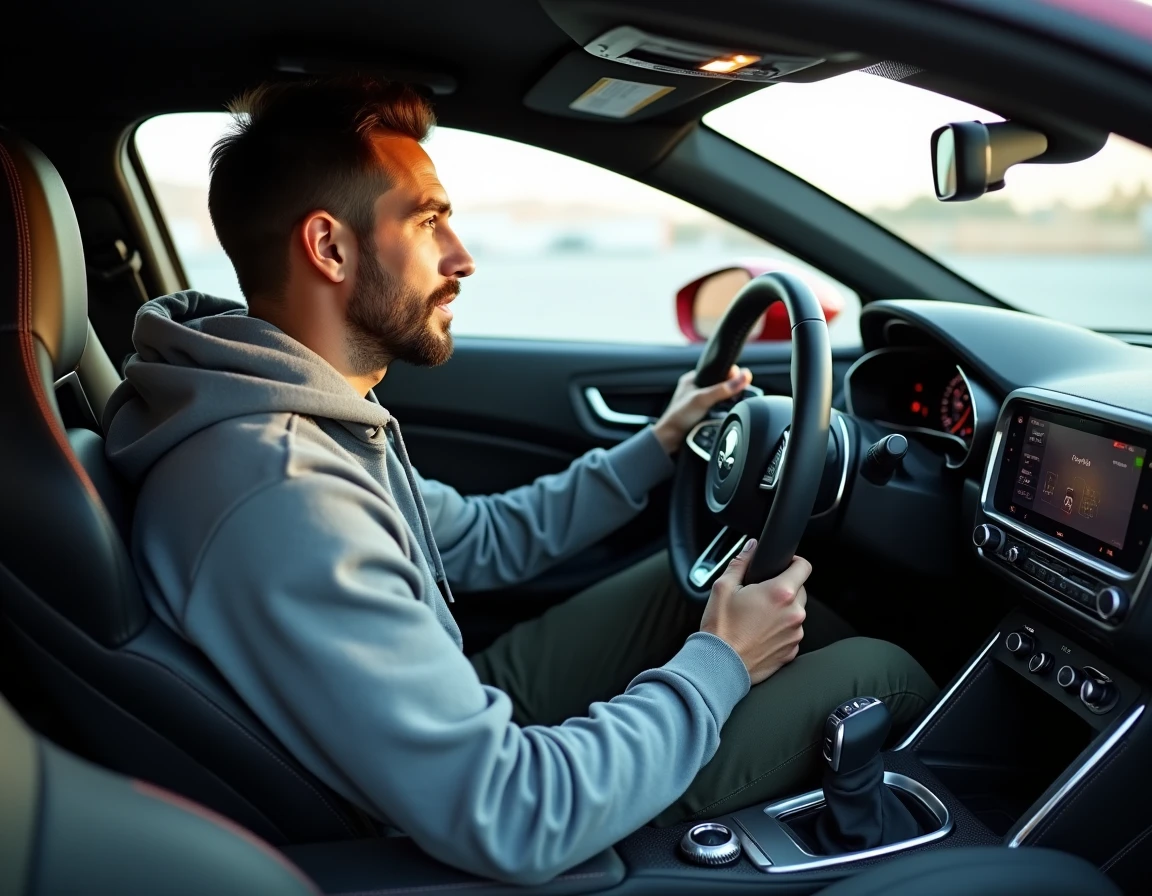 Jeune homme passionné d'automobile au volant d'un coupé sportif haute performance avec tableau de bord numérique en 2024