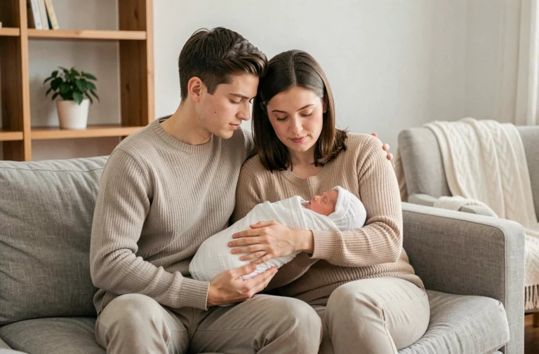 Jeunes parents assis sur un canapé tenant tendrement leur nouveau-né emmailloté dans un lange blanc dans un salon chaleureux
