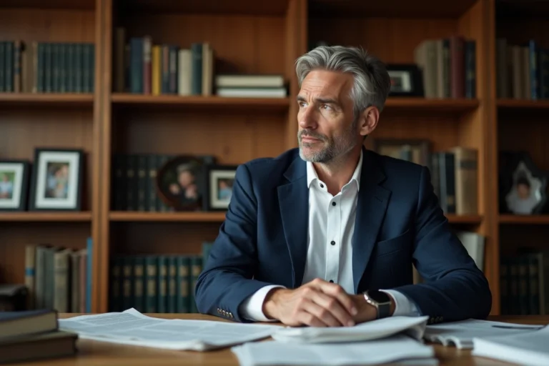 Portrait de journaliste professionnel assis à son bureau entouré de livres et de photos de famille