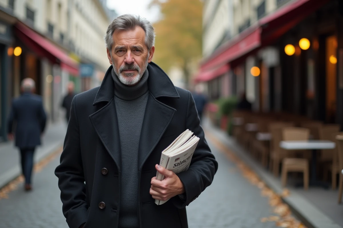 Journaliste parisien marchant dans une rue haussmannienne avec un journal sous le bras en automne