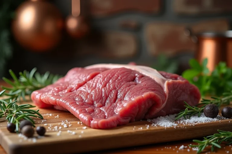Langue de bœuf crue entière sur billot de boucher avec herbes fraîches, poivre et sel de mer en cuisine rustique