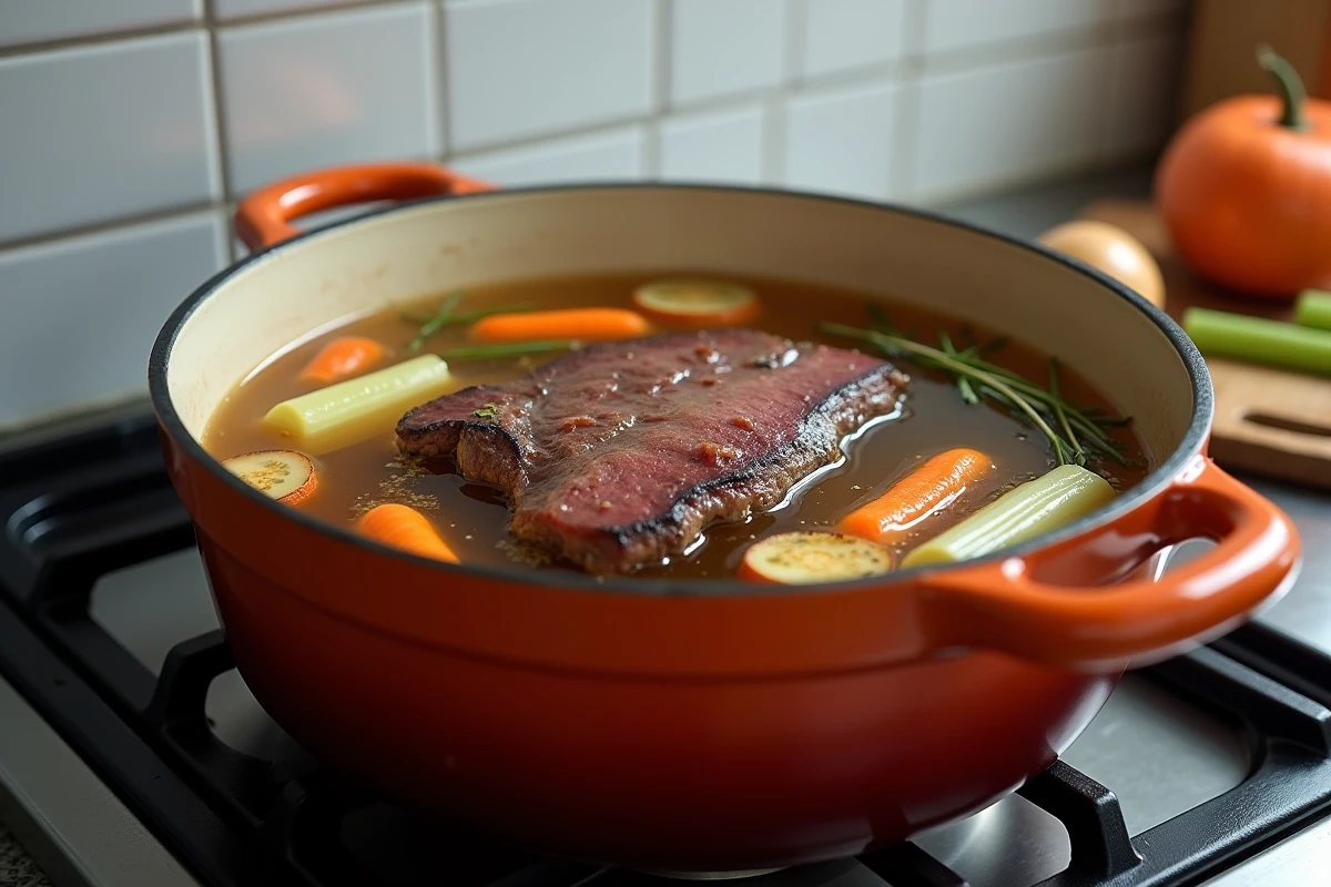 Langue de bœuf mijotant dans un faitout en fonte émaillée avec bouillon aromatique, carottes et bouquet garni