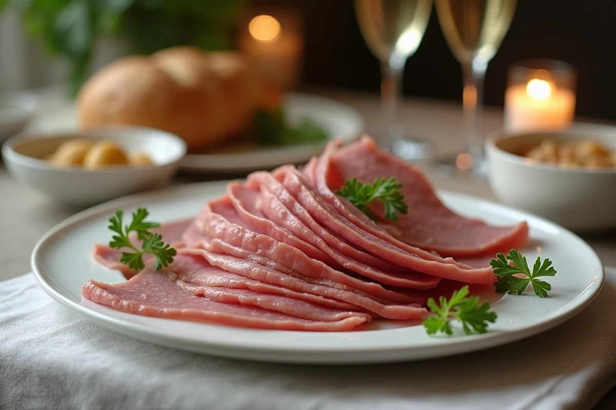 Tranches de langue de bœuf pochée dressées en éventail sur plat de service avec sauce gribiche et cornichons
