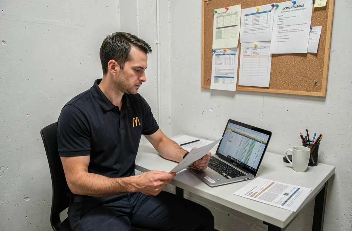 Manager McDonald's en arrière-boutique analysant des documents de paie et grilles salariales, représentant les perspectives d'évolution professionnelle