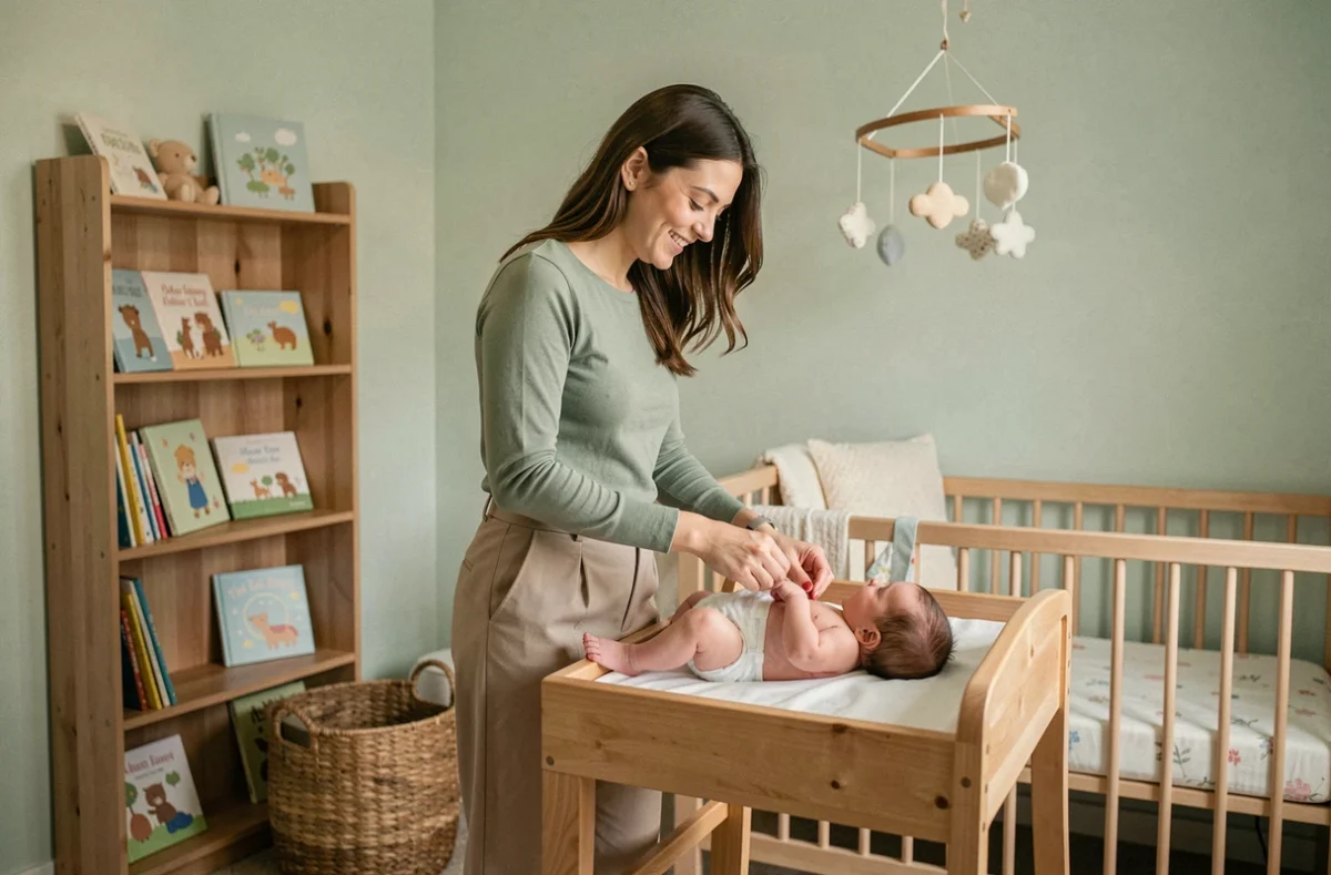 Jeune mère changeant la couche de son bébé dans une chambre de bébé décorée avec des tons pastel apaisants