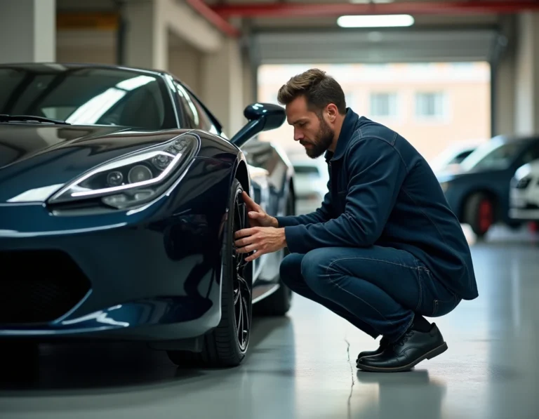 Passionné d'automobile examinant les jantes d'une voiture de sport dans un garage urbain moderne en 2024
