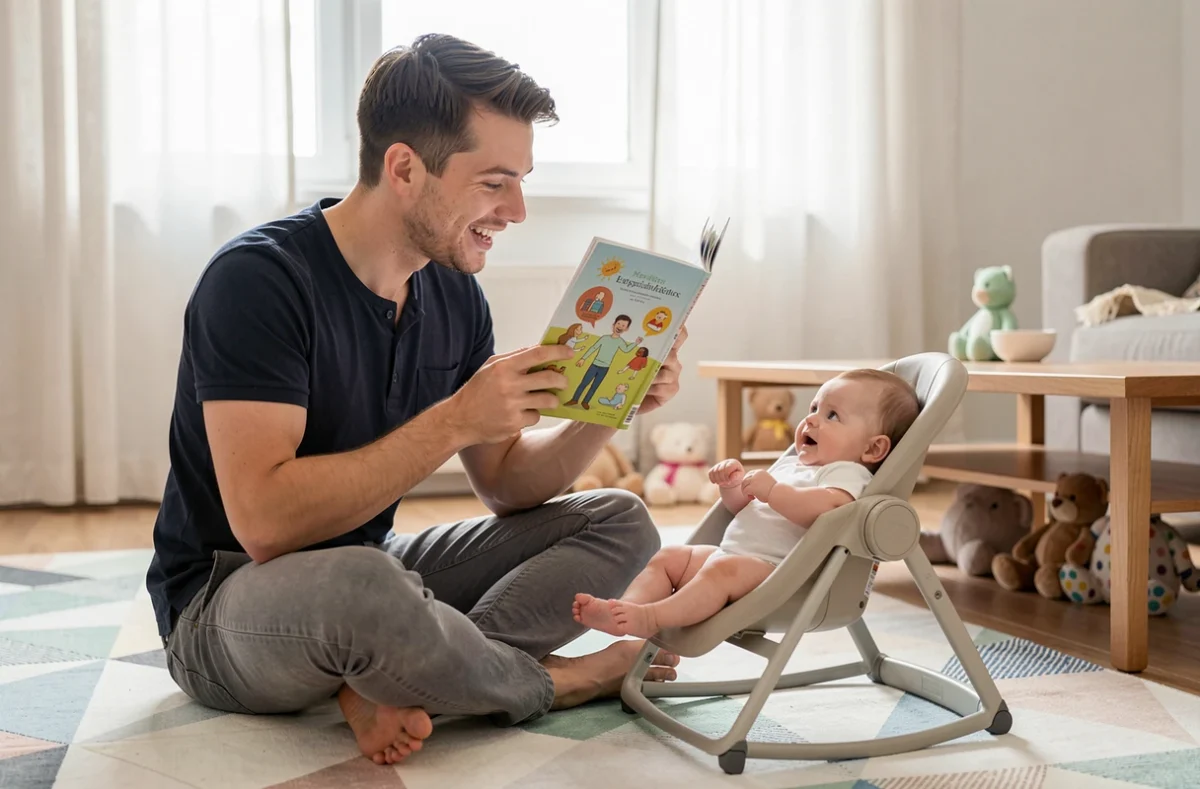 Jeune père lisant un livre illustré à son bébé de quatre mois assis dans un transat sur un tapis de jeu coloré