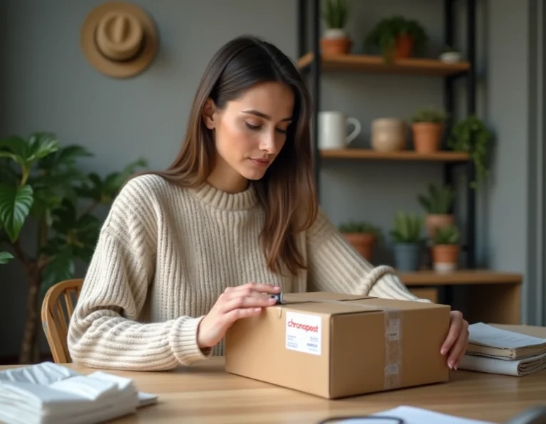 Femme préparant un colis Chronopost à son bureau à domicile avant un envoi à La Poste