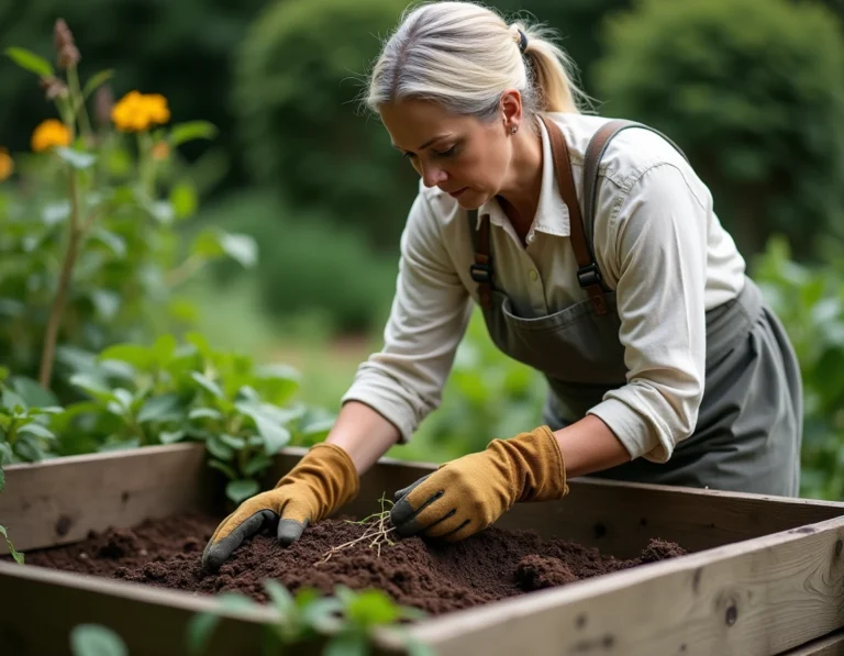 Jardinière inspectant les racines envahissantes à la base d'un bac à compost en bois dans un jardin naturel