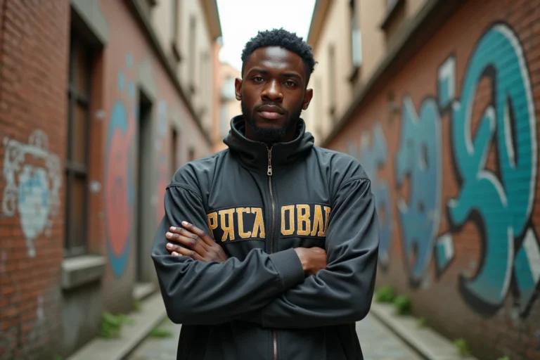 Rappeur Tovaritch en survêtement vintage avec lettres cyrilliques, posant dans une ruelle urbaine aux murs soviétiques dégradés