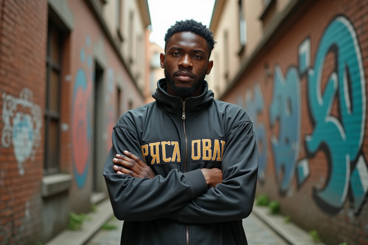 Rappeur Tovaritch en survêtement vintage avec lettres cyrilliques, posant dans une ruelle urbaine aux murs soviétiques dégradés
