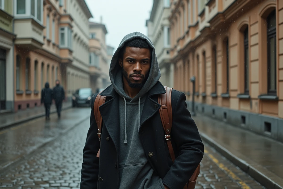 Rappeur Tovaritch marchant sous la pluie dans une rue pavée d'Europe de l'Est, devant un immeuble soviétique orné