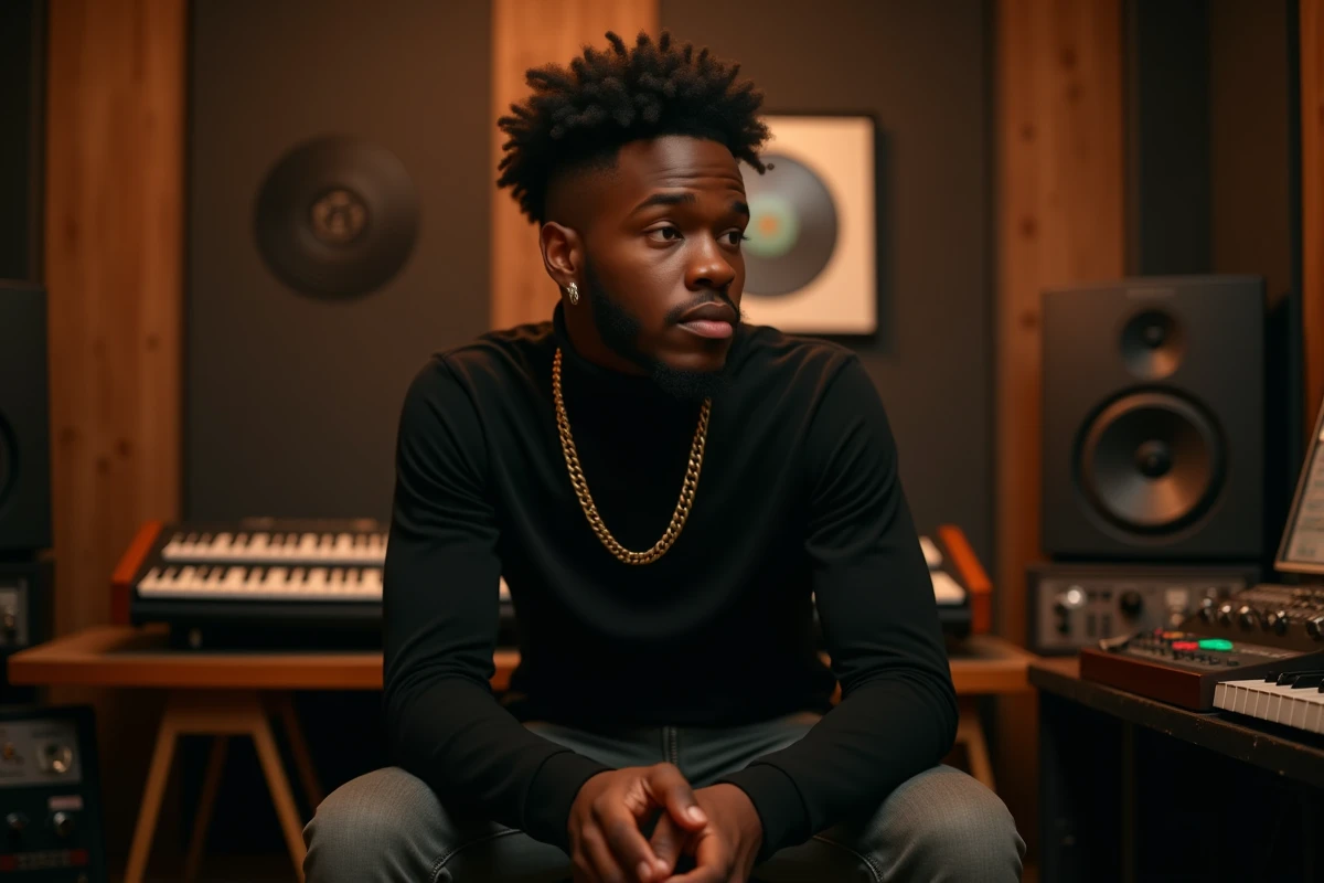 Rappeur Tovaritch en studio d'enregistrement, portrait contemplatif entouré de vinyles et de synthétiseurs vintage
