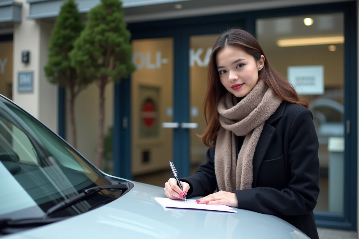 Jeune femme remplissant un formulaire sur sa voiture