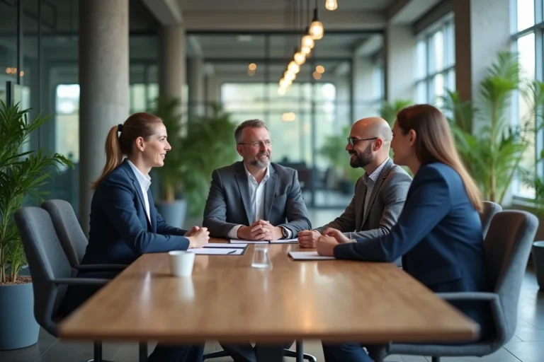 Équipe de professionnels en réunion collaborative autour d'une table de conférence moderne, illustrant une démarche éthique en entreprise