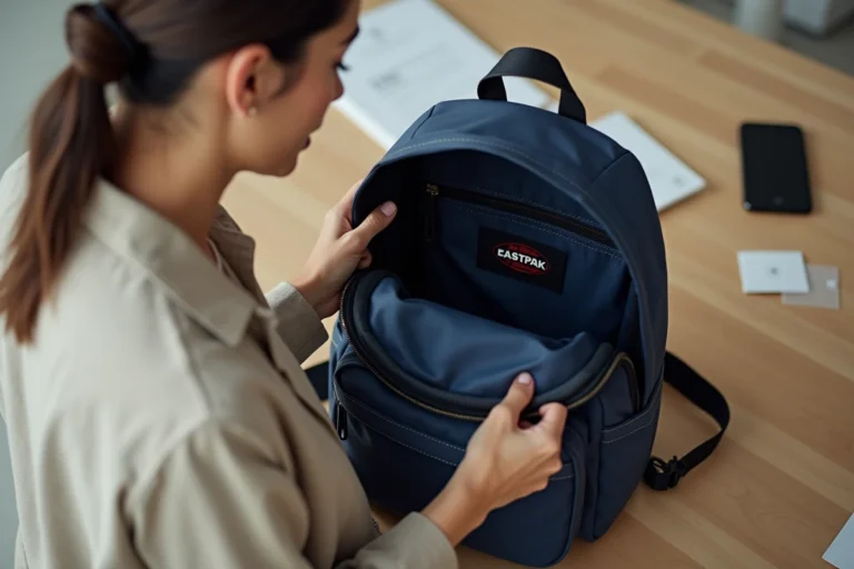 Femme inspectant l'étiquette intérieure d'un sac à dos Eastpak pour vérifier son authenticité